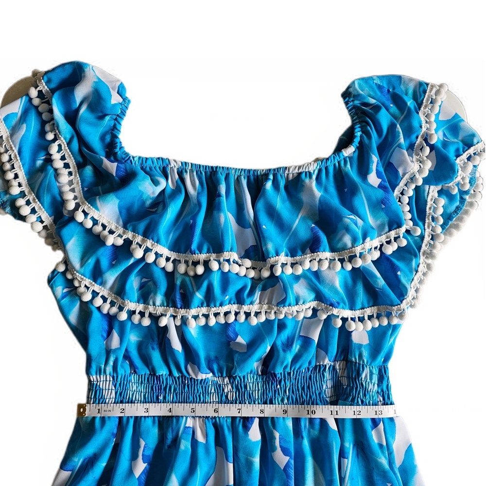 Red Dress Boutique Palms Away Blue Patterned Off-Shoulder Ruffle Midi Dress - Picture 9 of 14